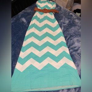 Strapless green and white chevron sun dress with belt